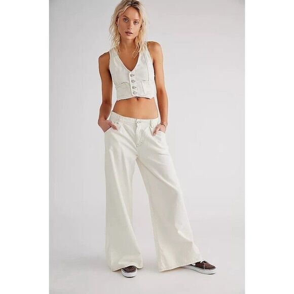 NWT FREE PEOPLE RIDER DENIM VEST SUIT 2 PC CROPPED VESTV& WIDE LEG - Picture 1 of 3